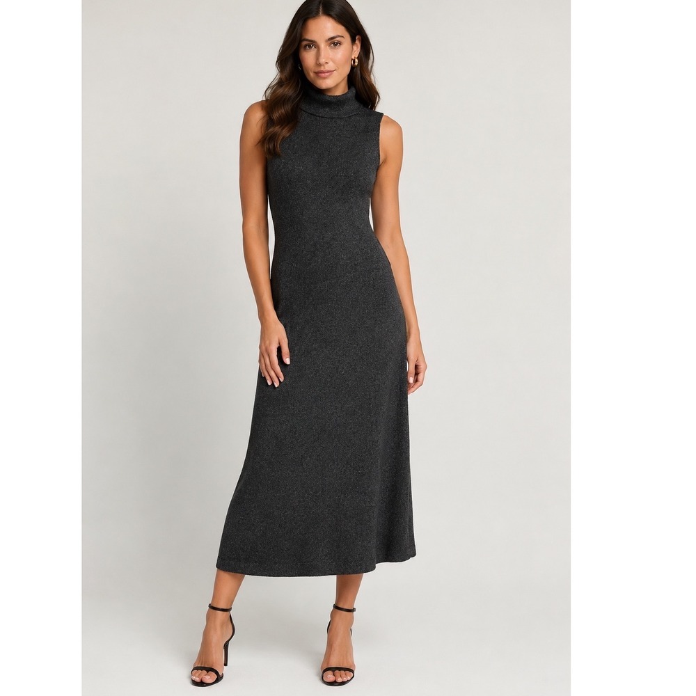 Magaschoni Women's 100% Cashmere Mock Neck Sleeveless Midi Sweater Dress Gray S